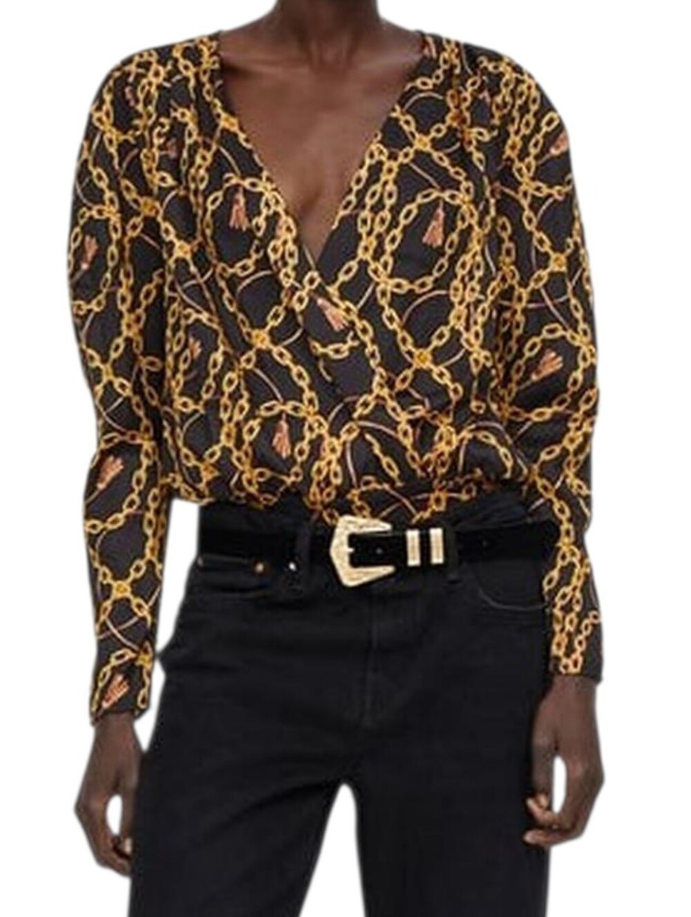 Zara Equestrian Chain & Tassel Print Wrap Style Bodysuit S